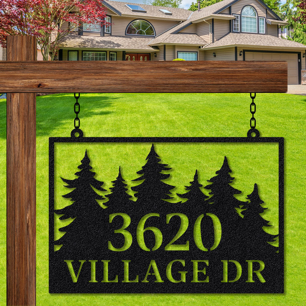 Personalized Pine Tree Forest Hanging Metal Address Signs, Custom Hang